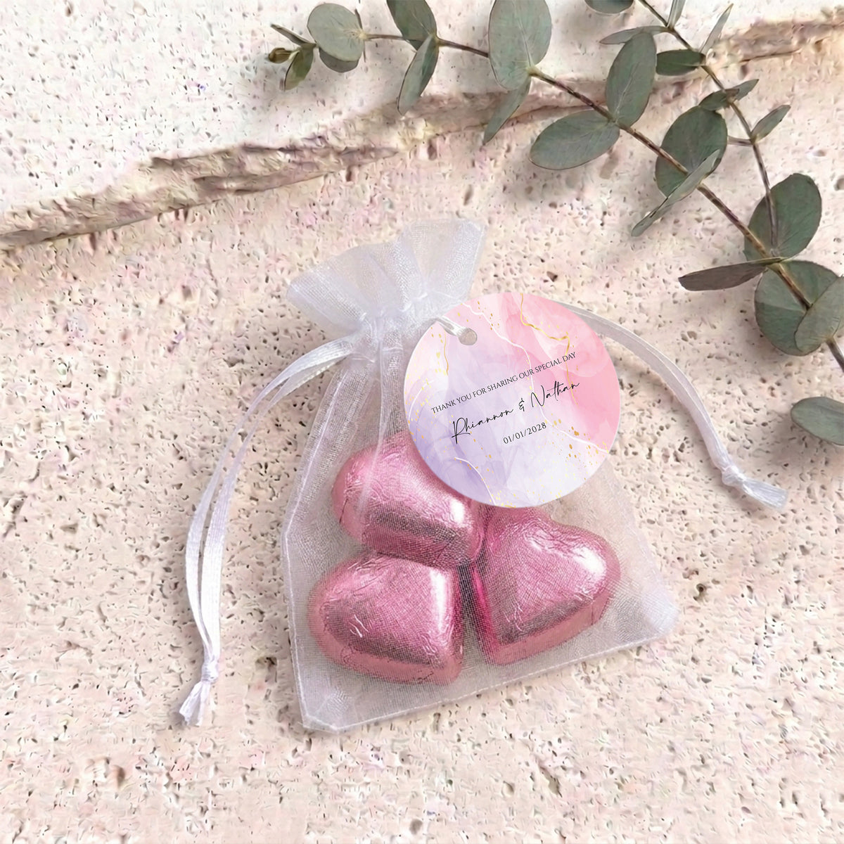 Pink Purple Marble Weddings Personalised Organza Bags with Chocolate Hearts