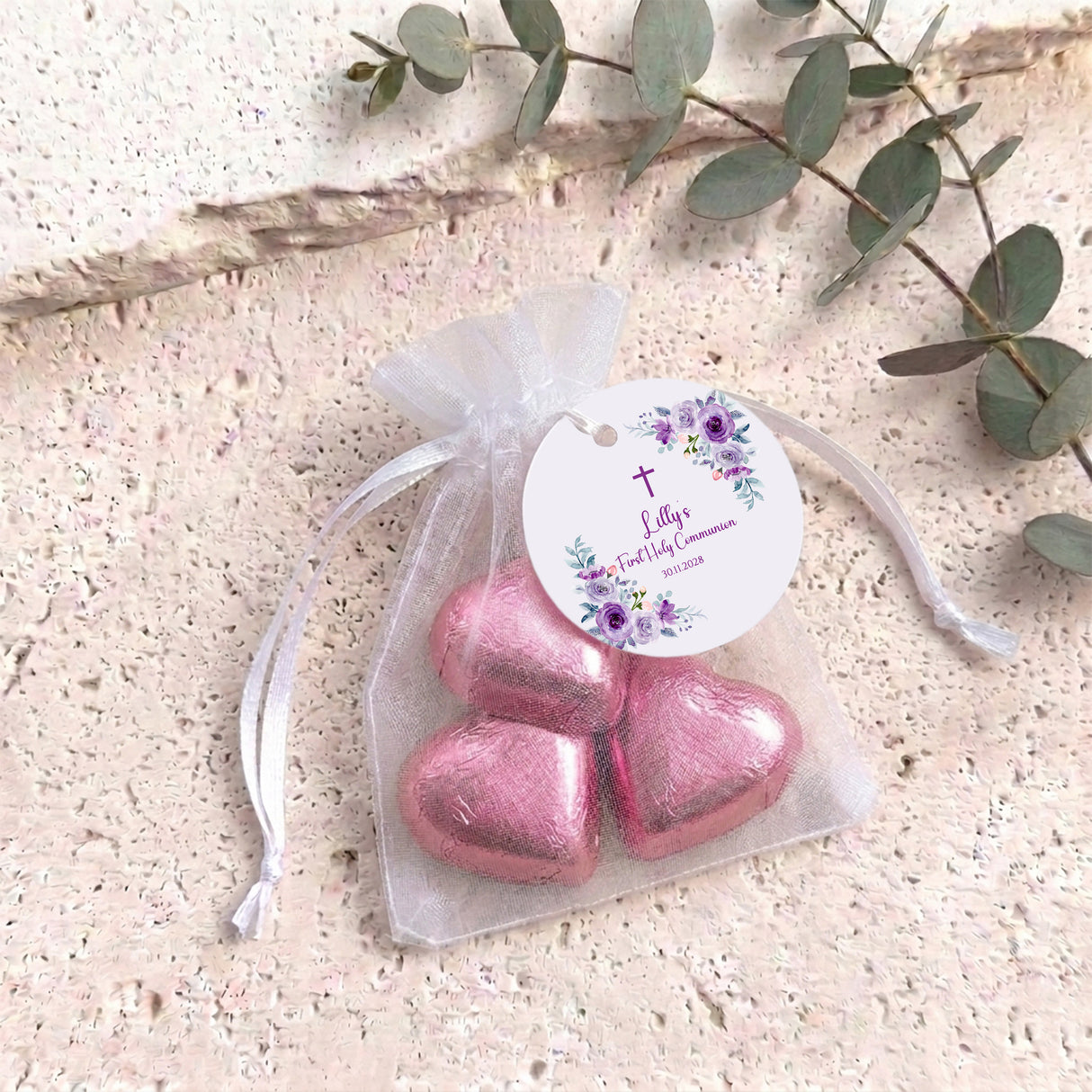 Pink Purple Roses First Holy Communion Personalised Organza Bags with Chocolate Hearts