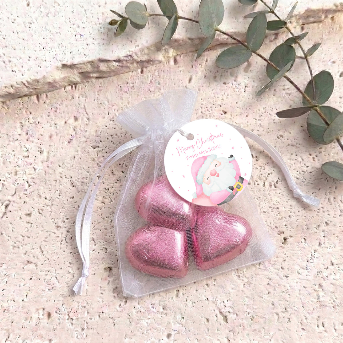 Pink Santa Personalised Organza Bags with Chocolate Hearts
