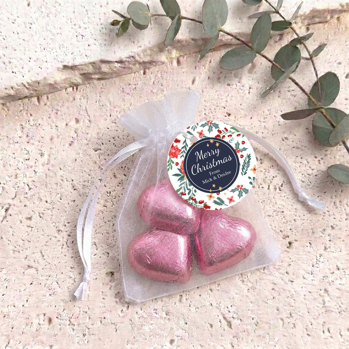 Christmas Florals Personalised Organza Bags with Chocolate Hearts