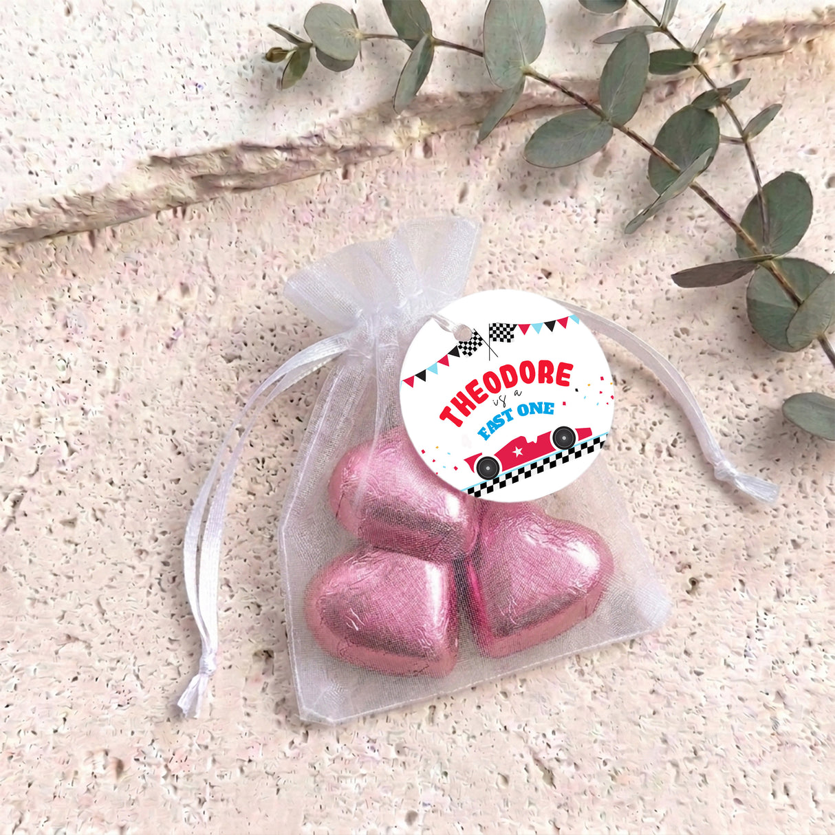 Race Car Fast One Personalised Organza Bags with Chocolate Hearts