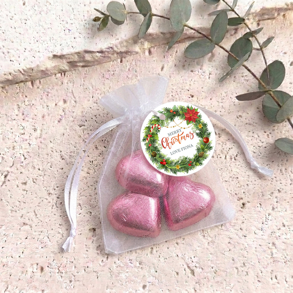 Christmas Wreath Personalised Organza Bags with Chocolate Hearts