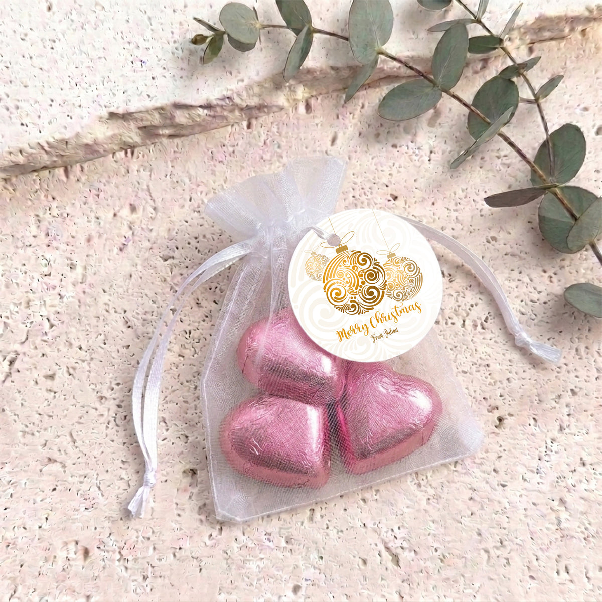 Christmas Gold Balls Personalised Organza Bags with Chocolate Hearts