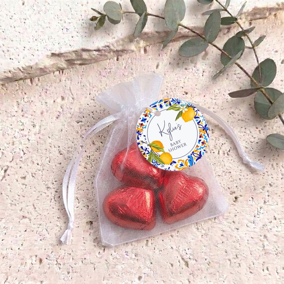 Amalfi Lemons Baby Shower Personalised Organza Bags with Chocolate Hearts
