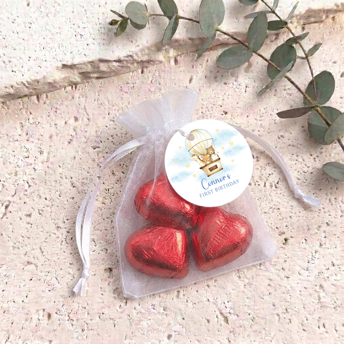 Animals In Hot Air Balloon First Birthday Personalised Organza Bags with Chocolate Hearts
