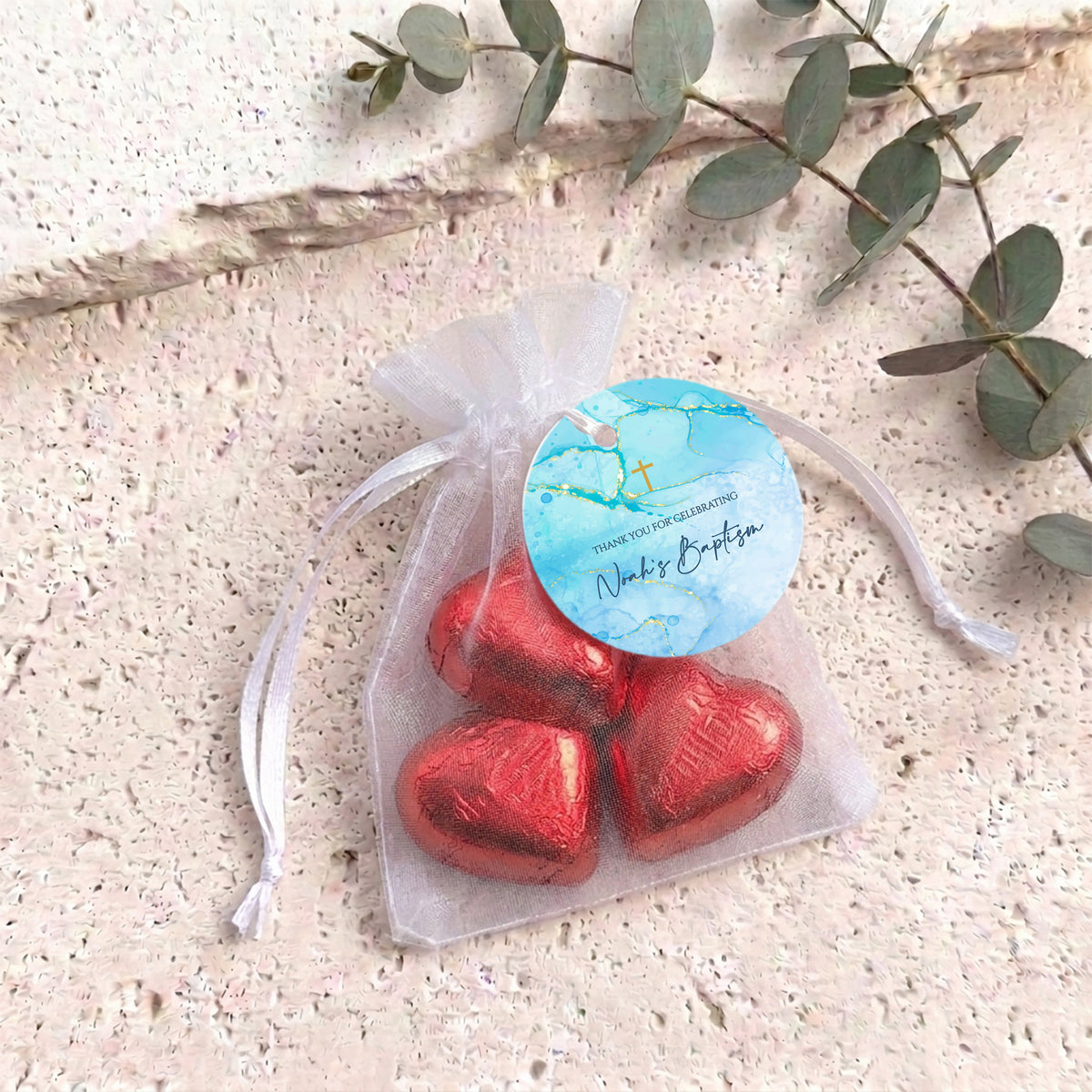Blue Gold Cross Baptism Personalised Organza Bags with Chocolate Hearts