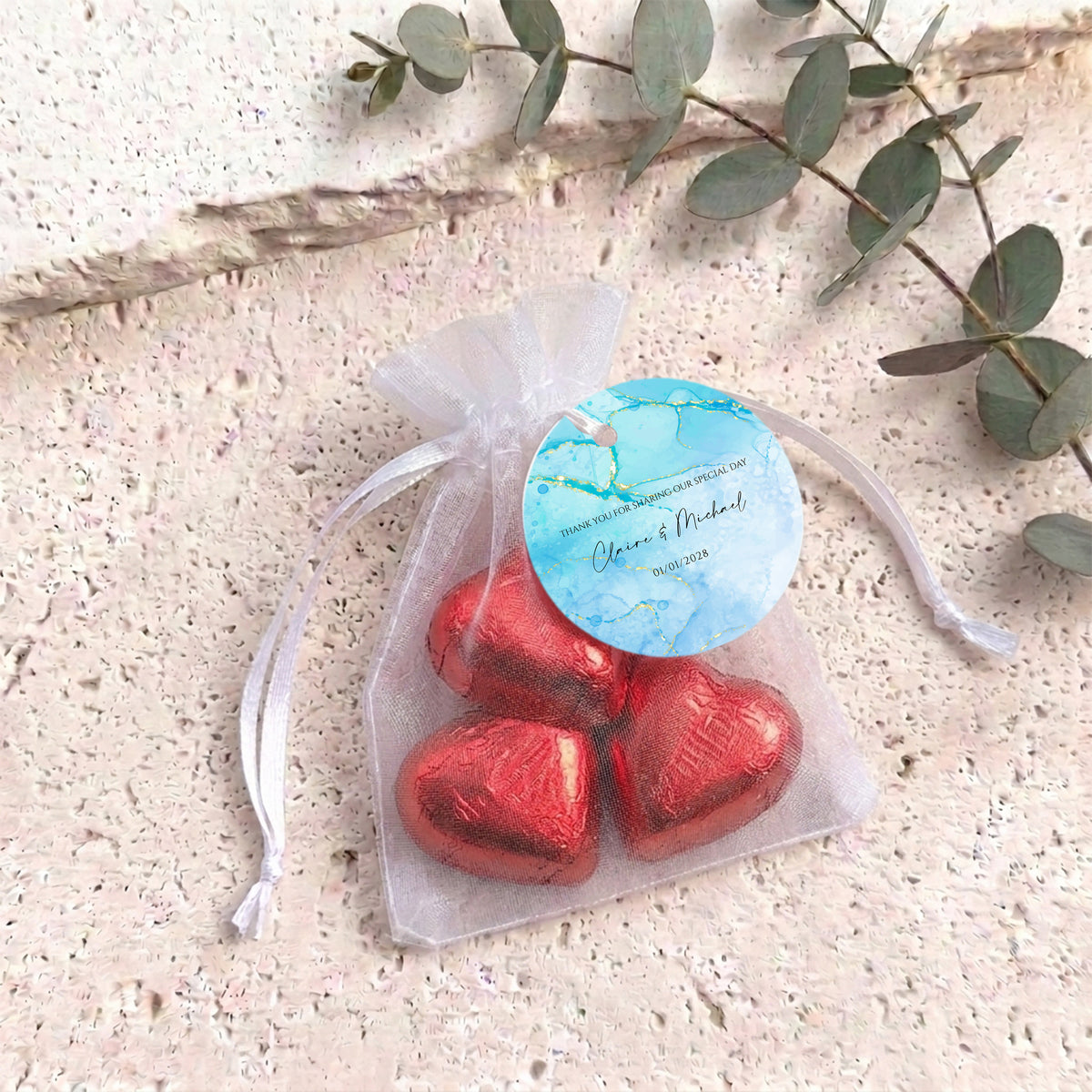 Blue Gold Marble Wedding Personalised Organza Bags with Chocolate Hearts