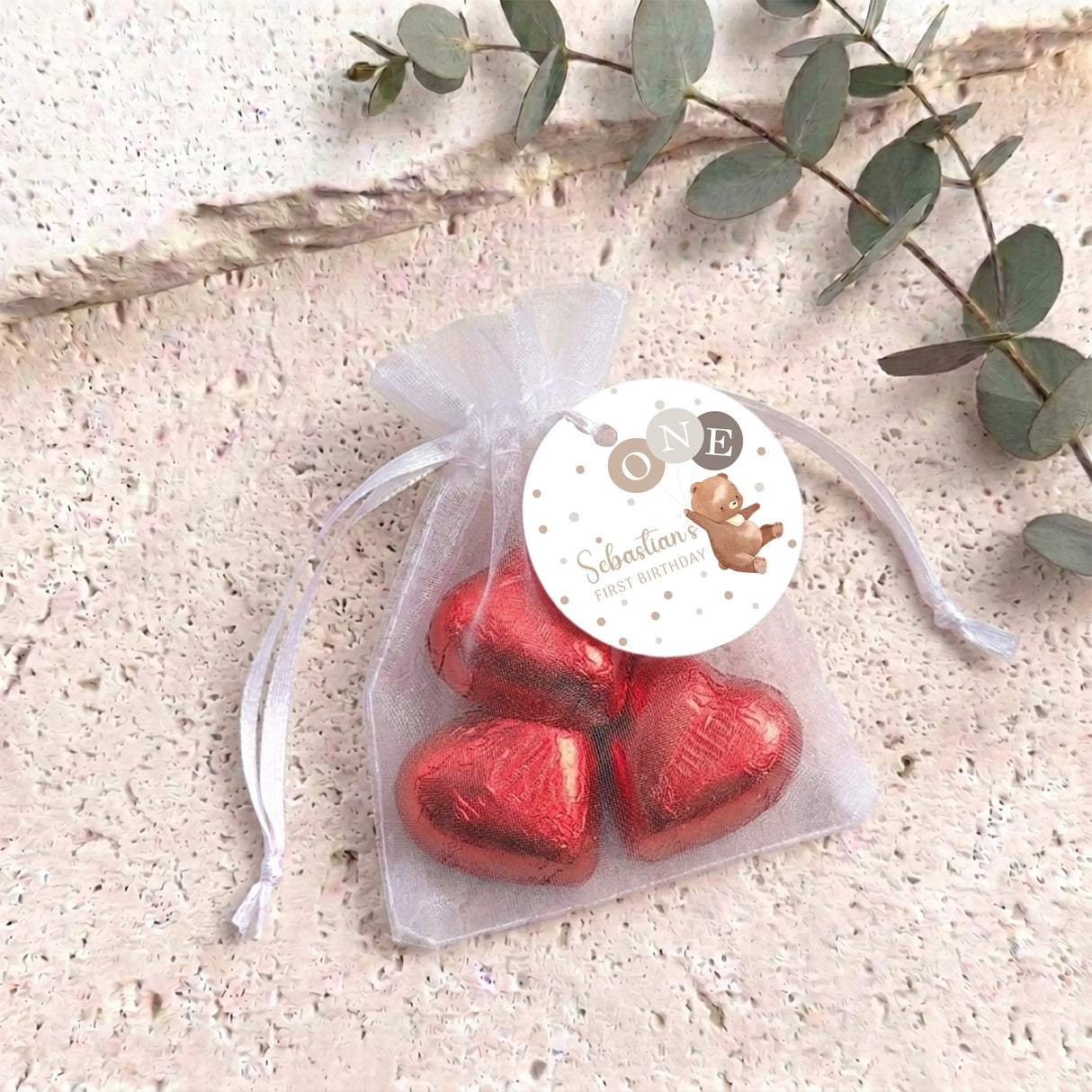 Brown Bear Balloons Baby Personalised Organza Bags with Chocolate Hearts