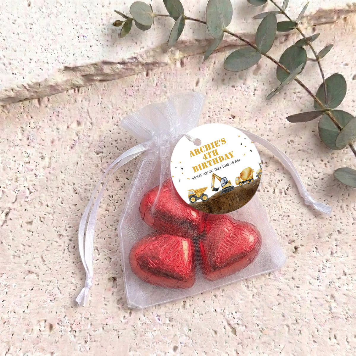 Construction Trucks Personalised Organza Bags with Chocolate Hearts