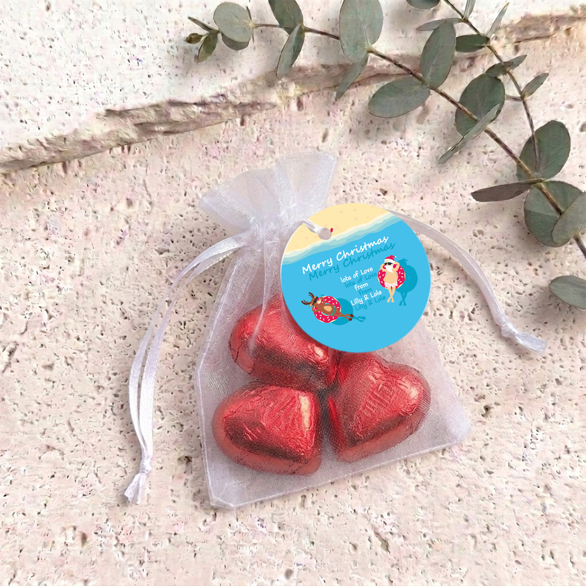 Donut Santa Personalised Organza Bags with Chocolate Hearts