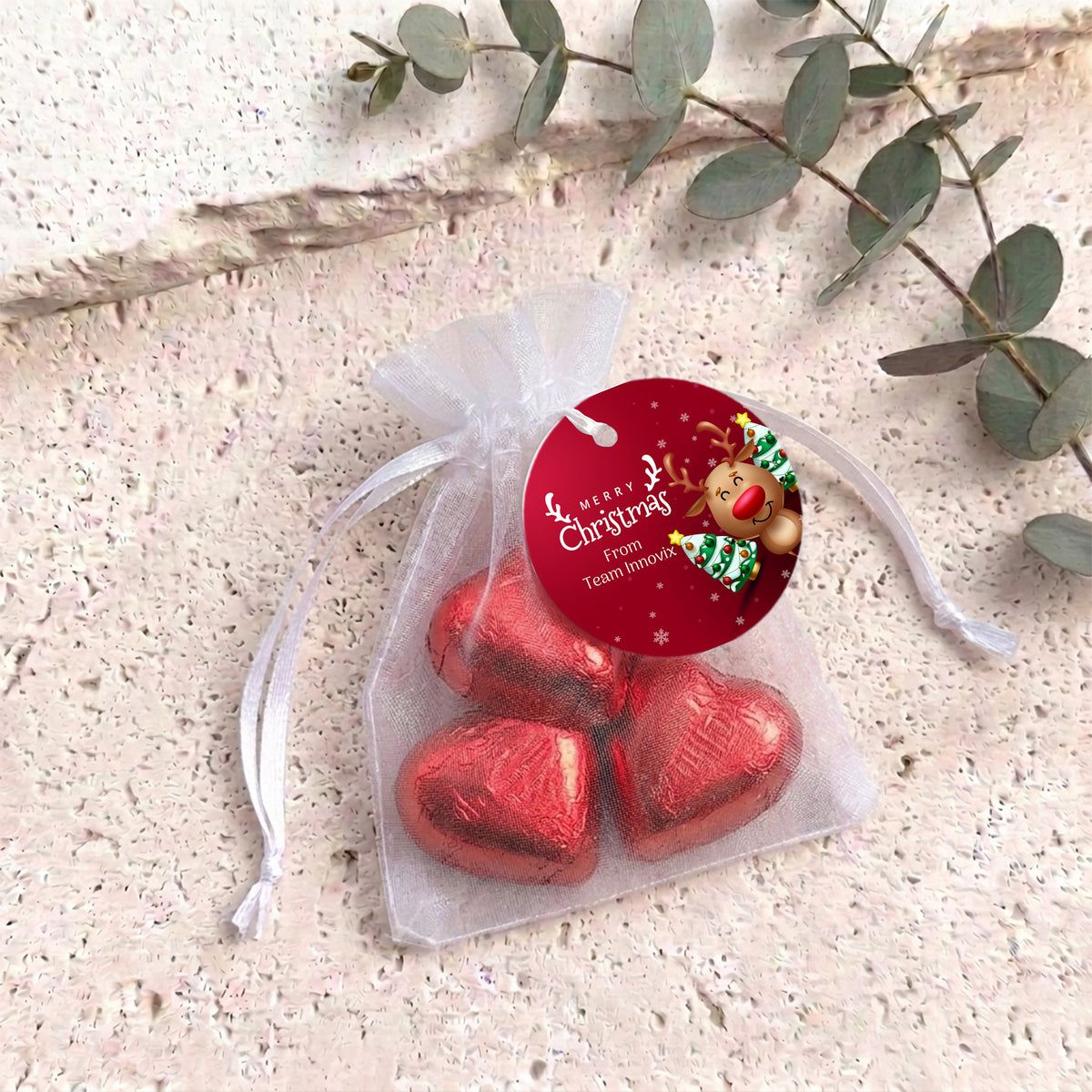 Happy Reindeer Personalised Organza Bags with Chocolate Hearts