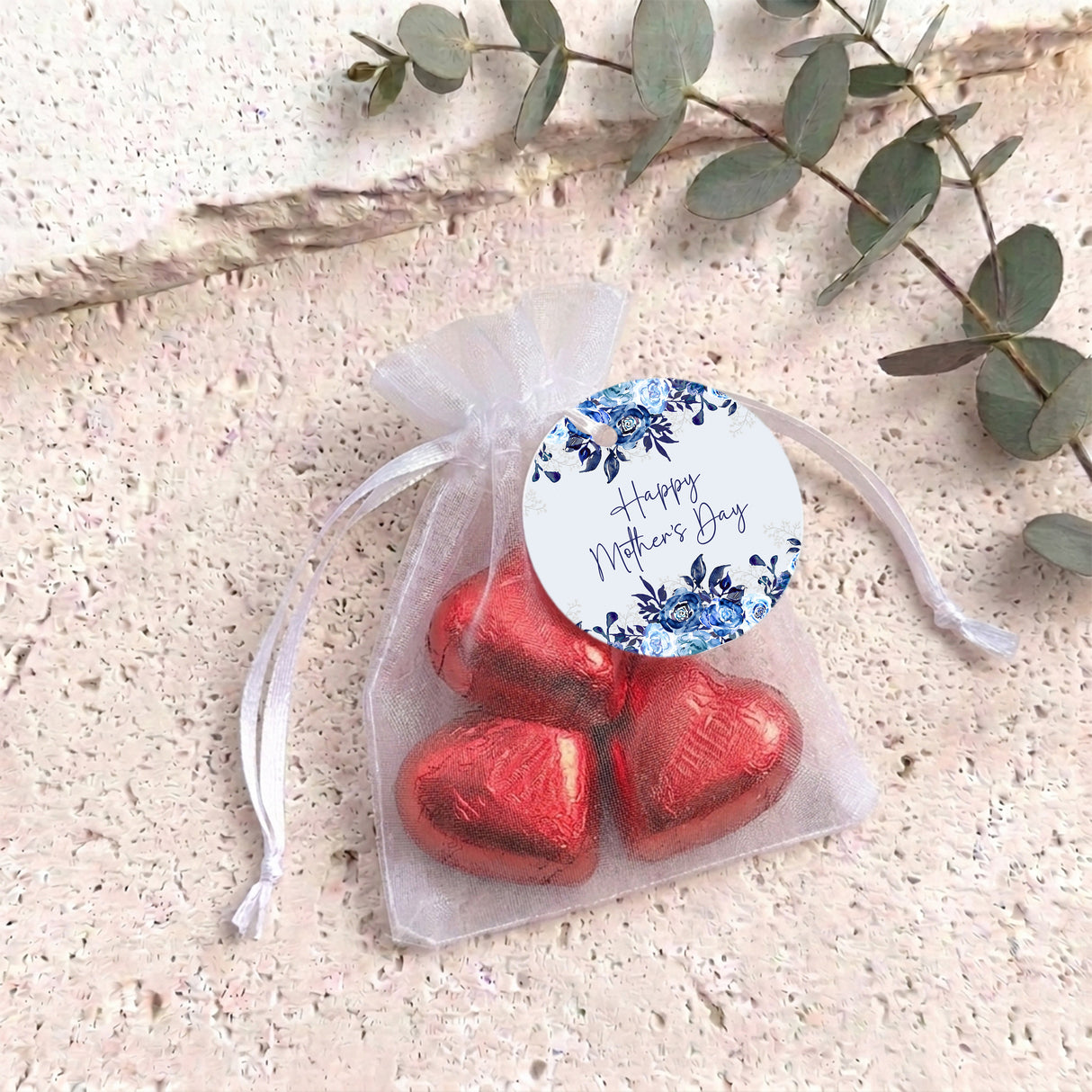Navy Blue Waterfall Mothers Day Personalised Organza Bags with Chocolate Hearts