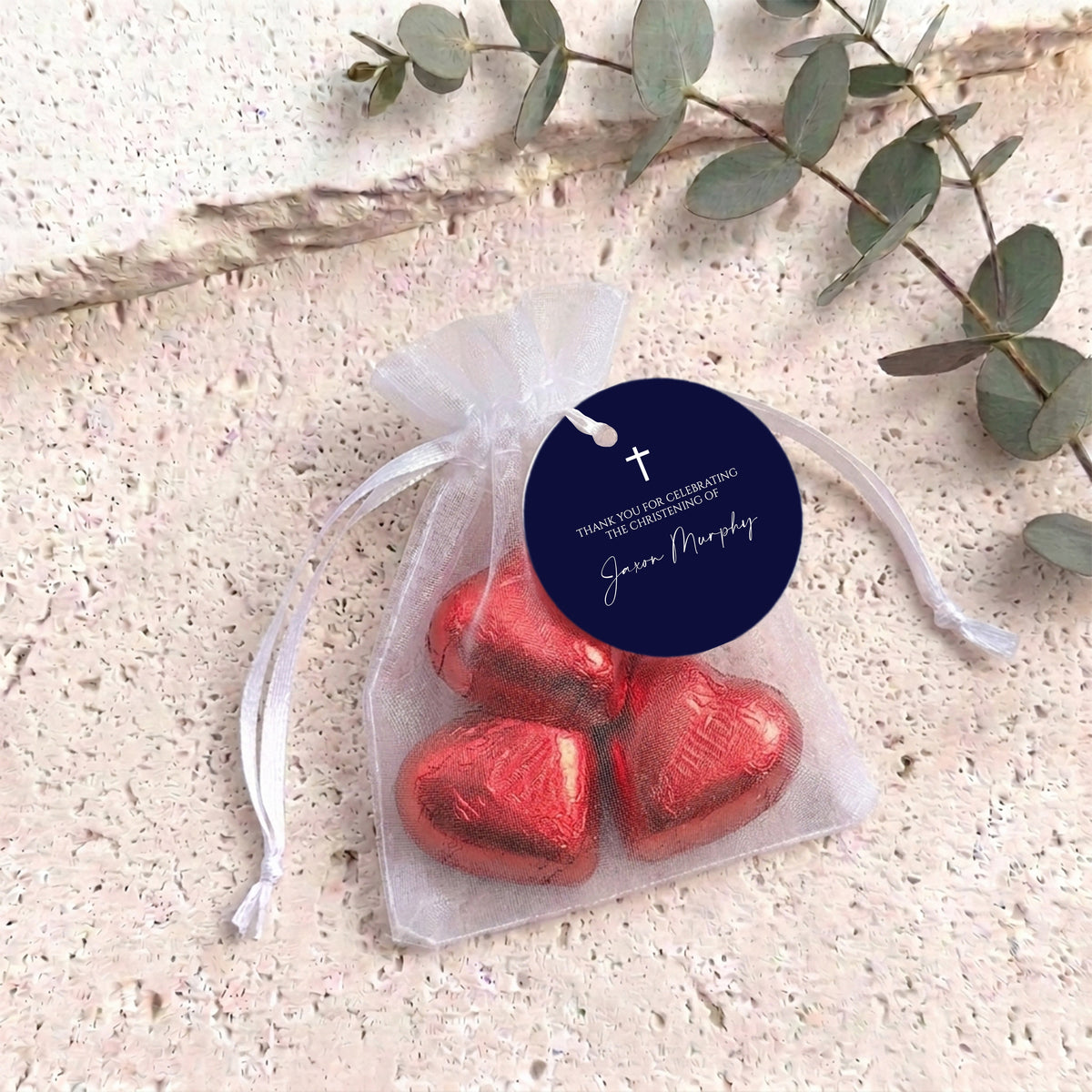 Navy Blue White Cross Christening Personalised Organza Bags with Chocolate Hearts