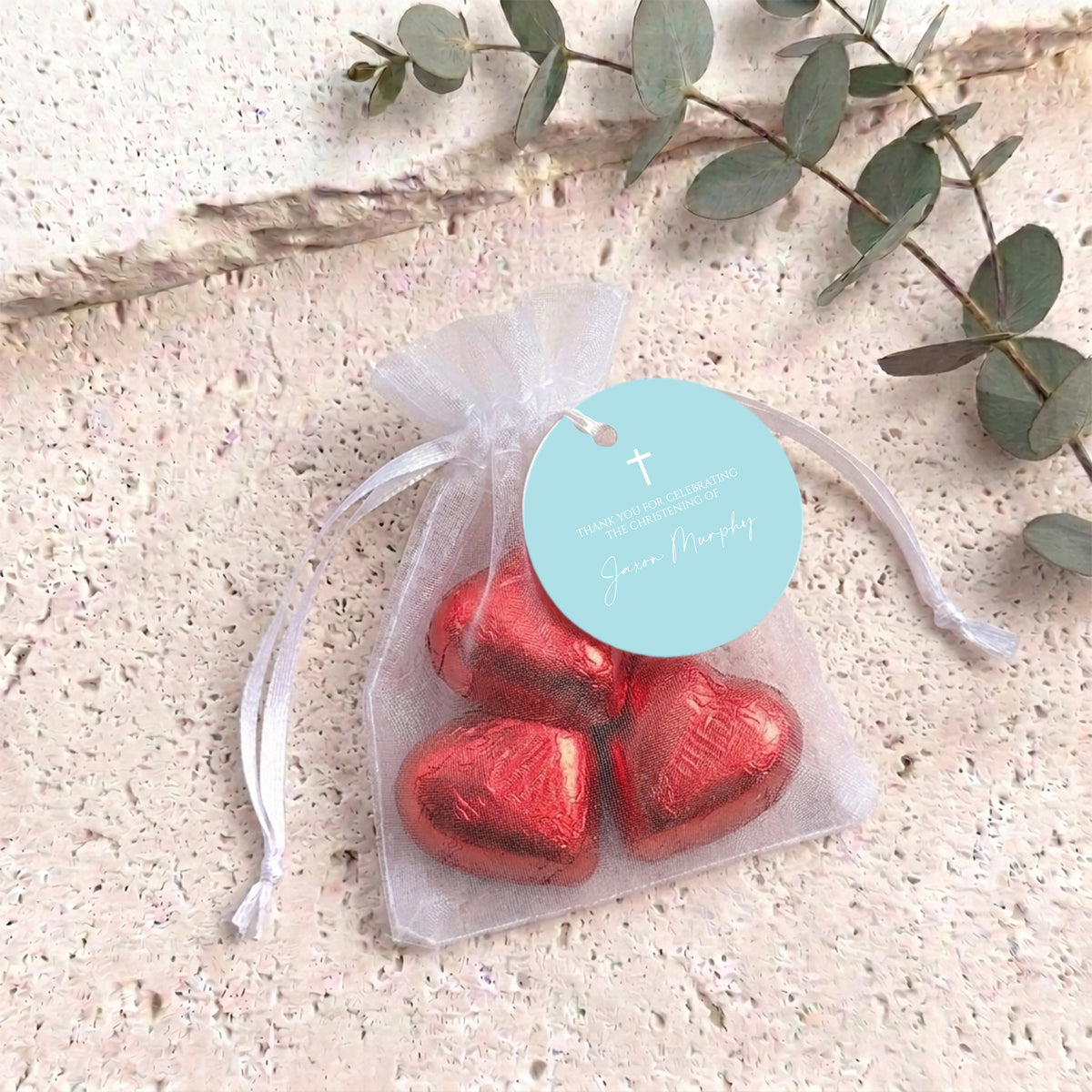Pastel Blue White Cross Christening Personalised Organza Bags with Chocolate Hearts
