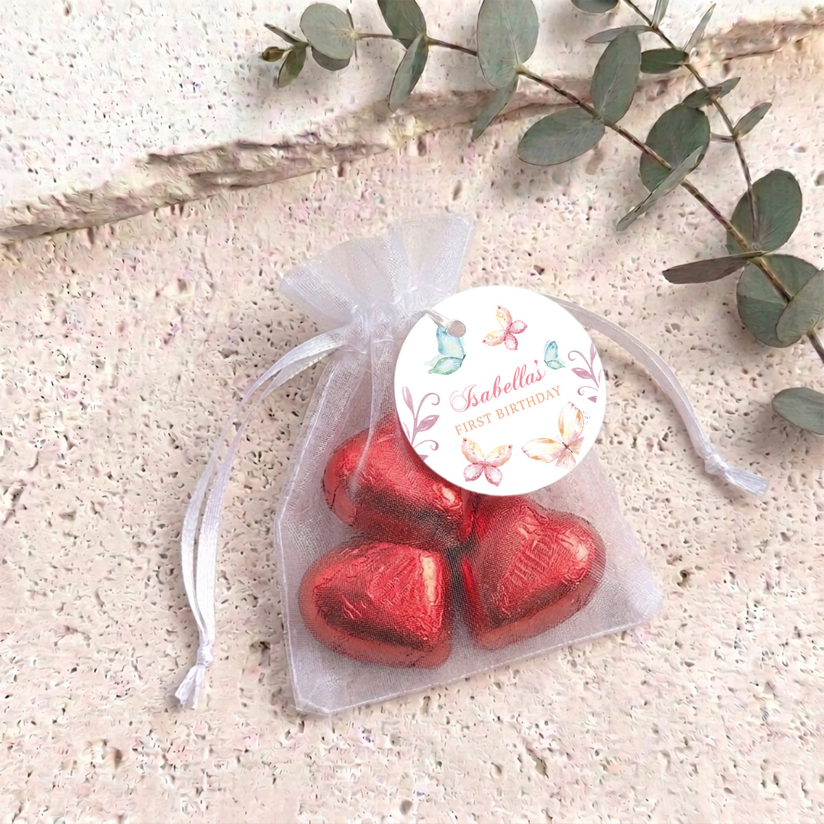 Pastel Butterflies Personalised Organza Bags with Chocolate Hearts
