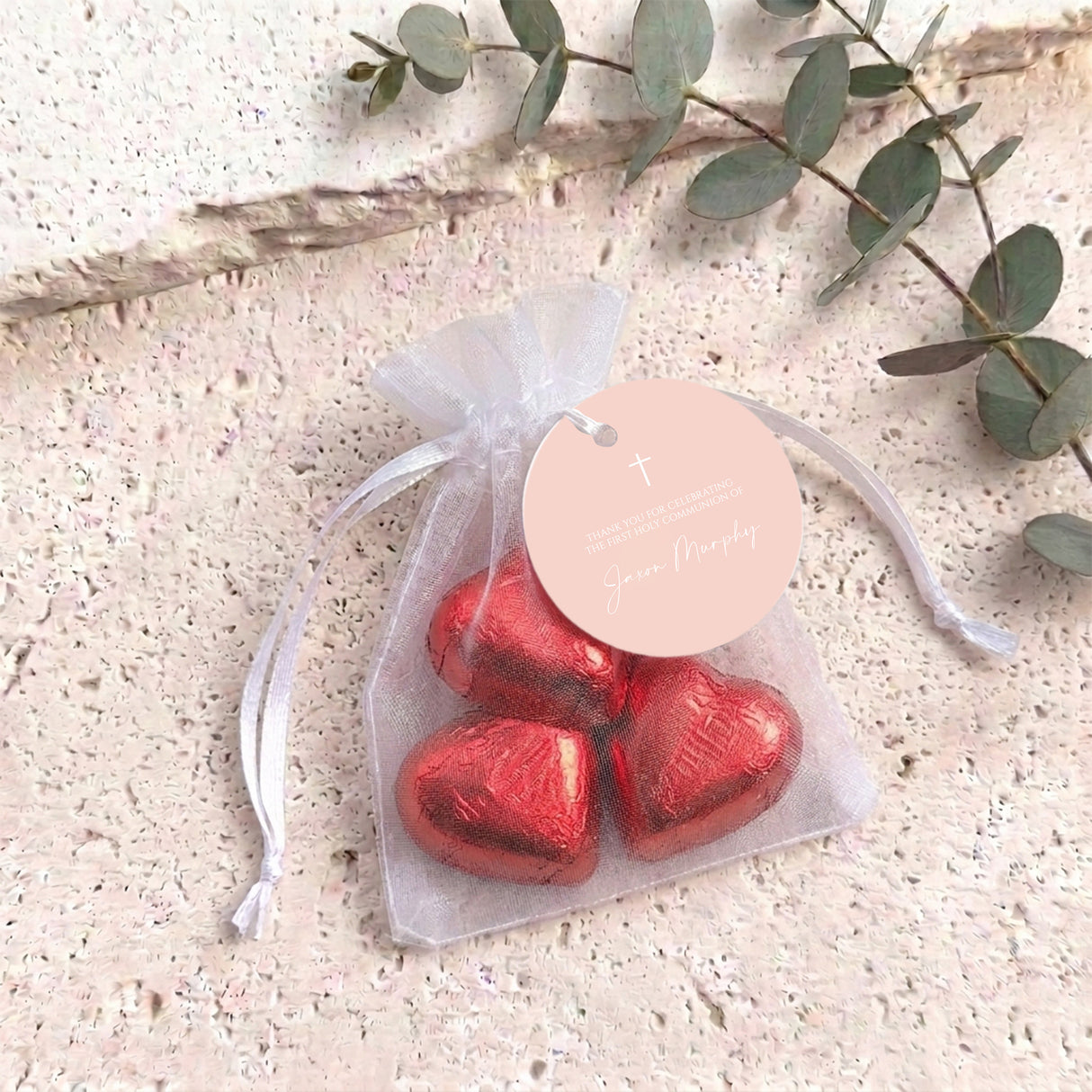 Pastel Peach White Cross First Holy Communion Personalised Organza Bags with Chocolate Hearts