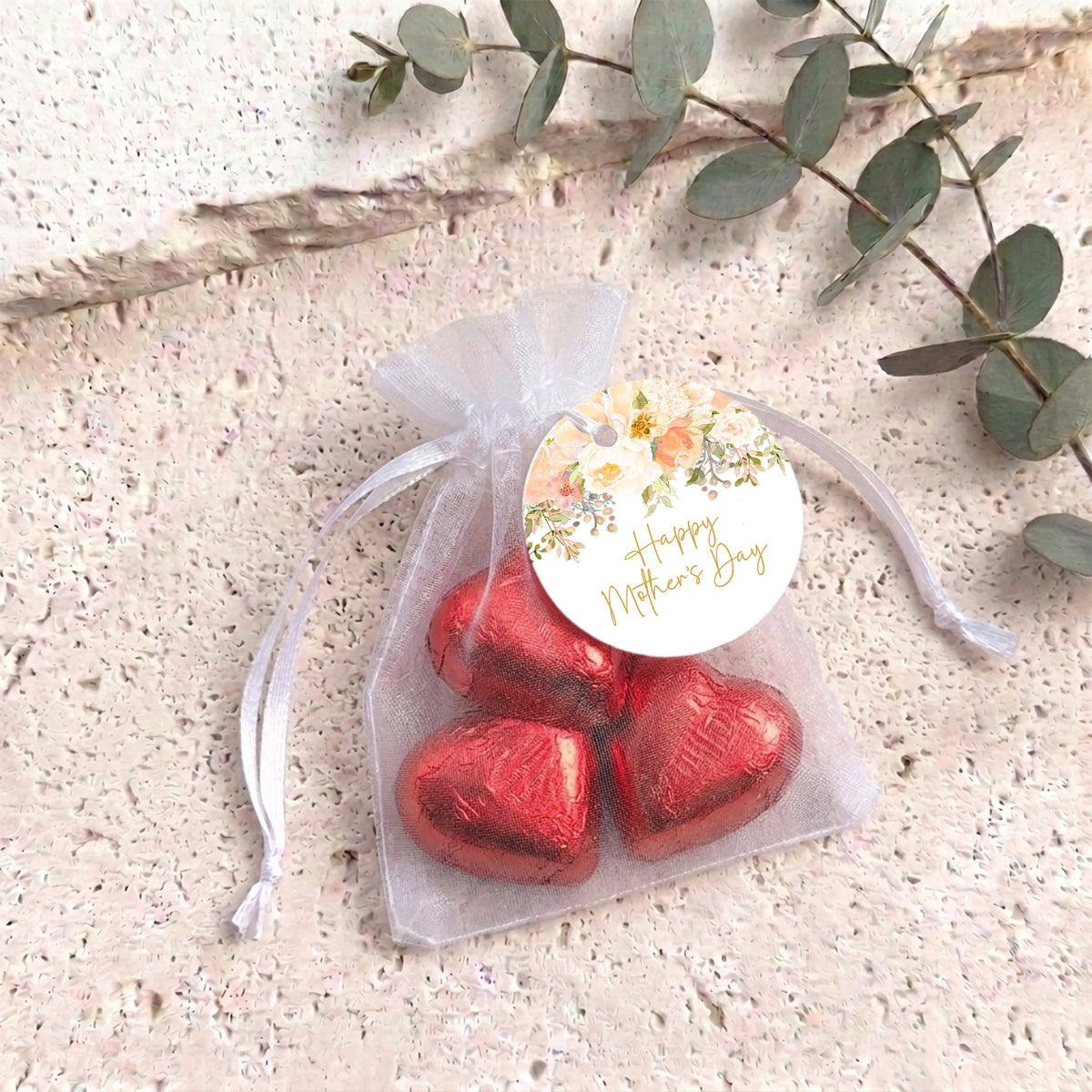 Peach Cream Roses Waterfall Mothers Day Personalised Organza Bags with Chocolate Hearts