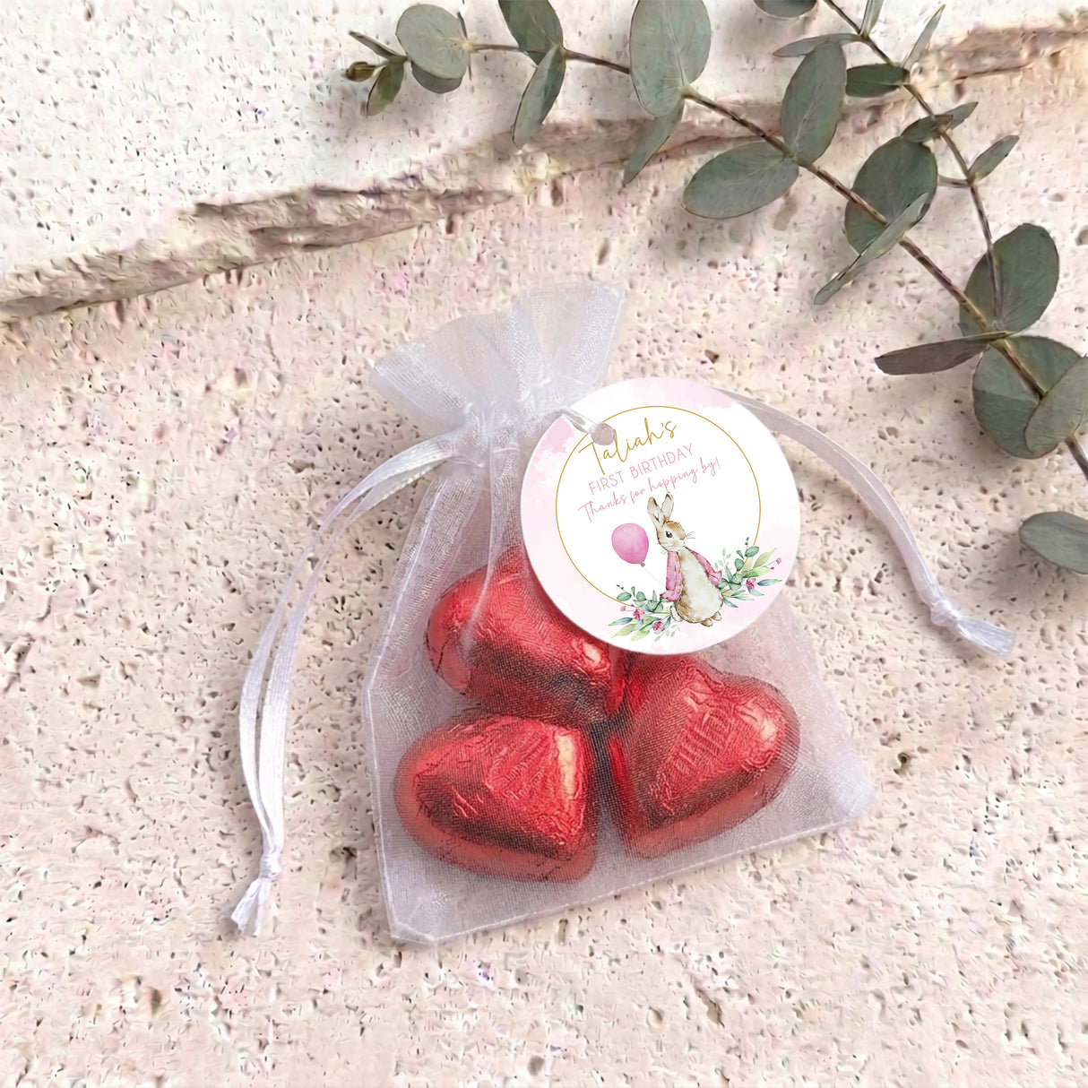 Peter Rabbit Pink First Birthday Personalised Organza Bags with Chocolate Hearts