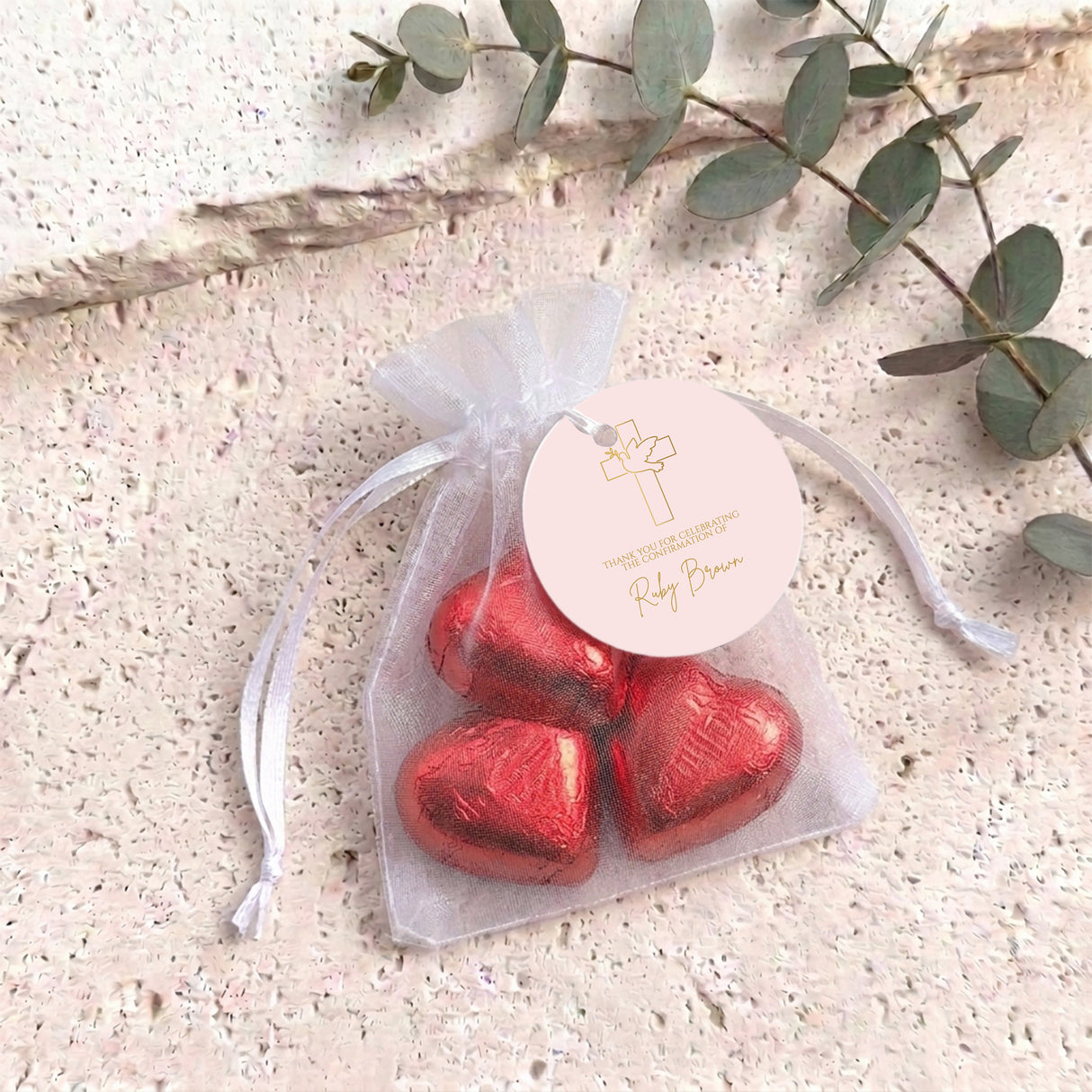 Pink Dove Cross Confirmation Personalised Organza Bags with Chocolate Hearts