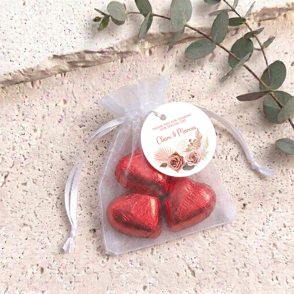 Pink Floral Boho Wedding Personalised Organza Bags with Chocolate Hearts
