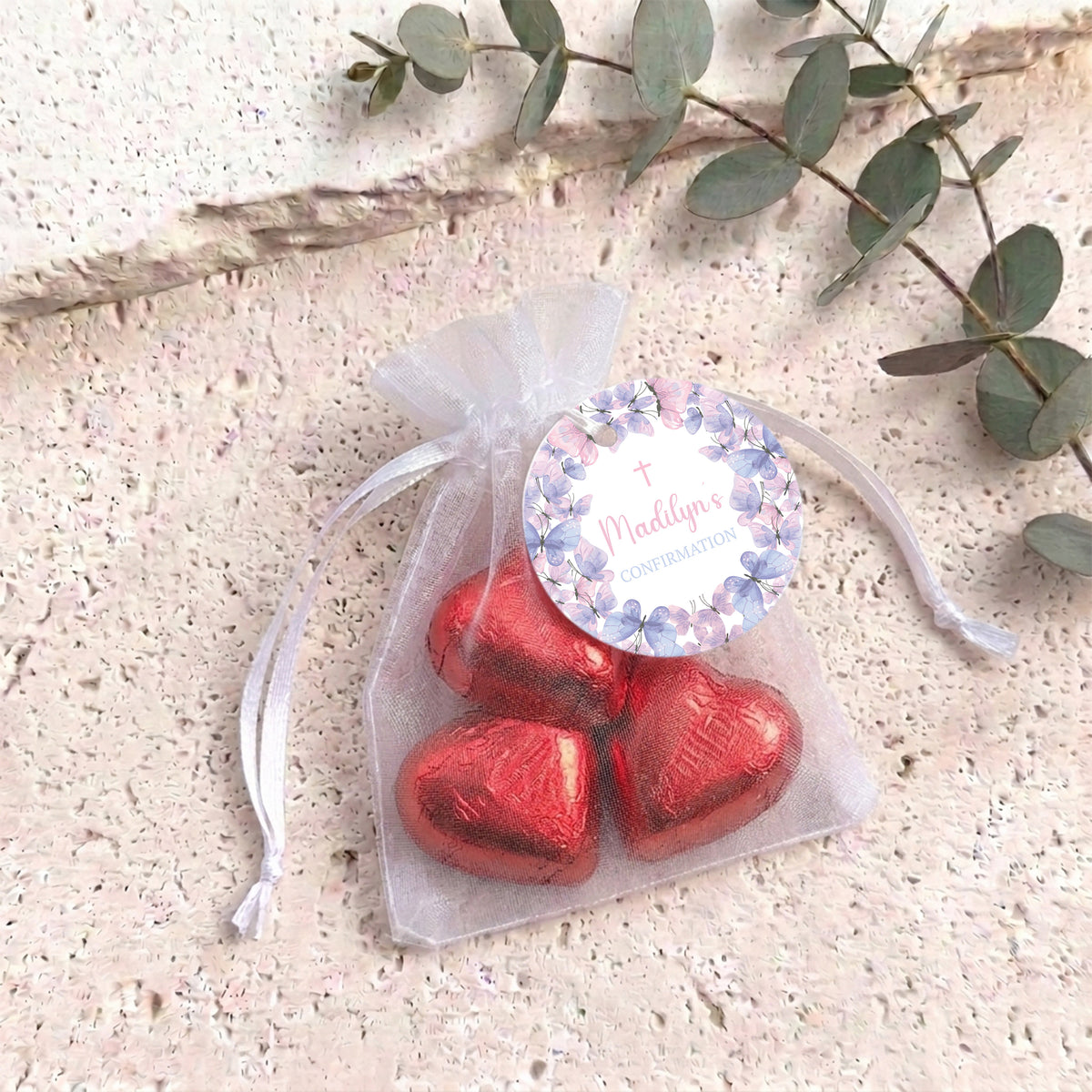 Pink Purple Butterflies Confirmation Personalised Organza Bags with Chocolate Hearts