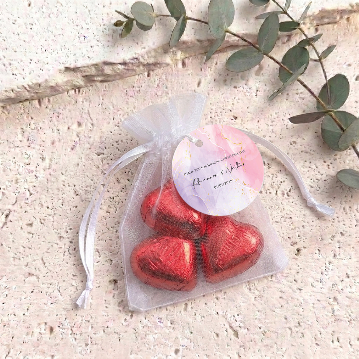 Pink Purple Marble Weddings Personalised Organza Bags with Chocolate Hearts