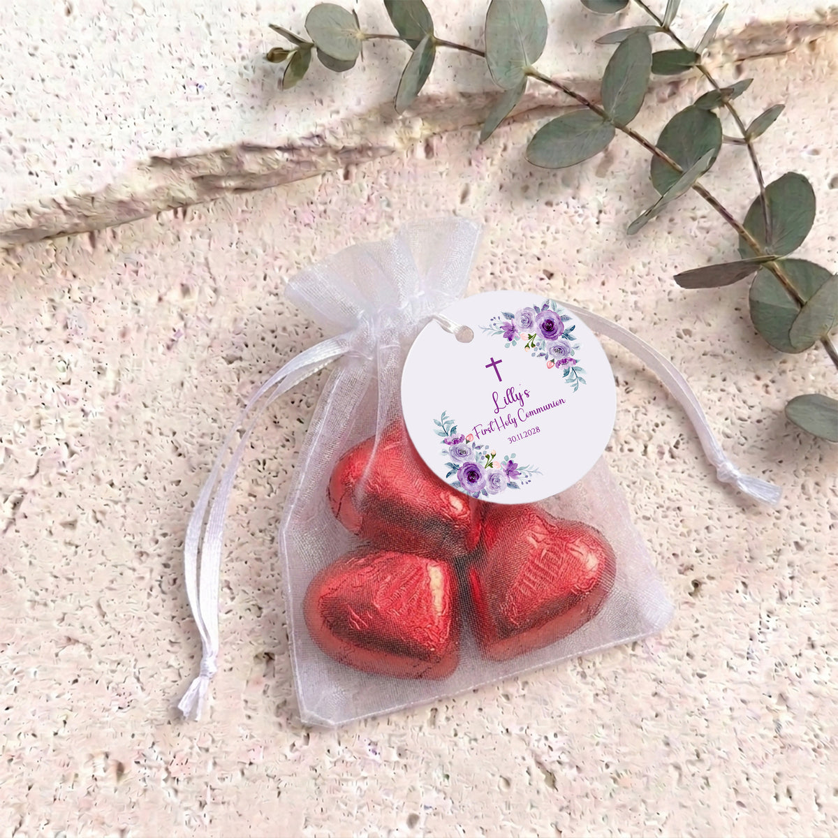 Pink Purple Roses First Holy Communion Personalised Organza Bags with Chocolate Hearts