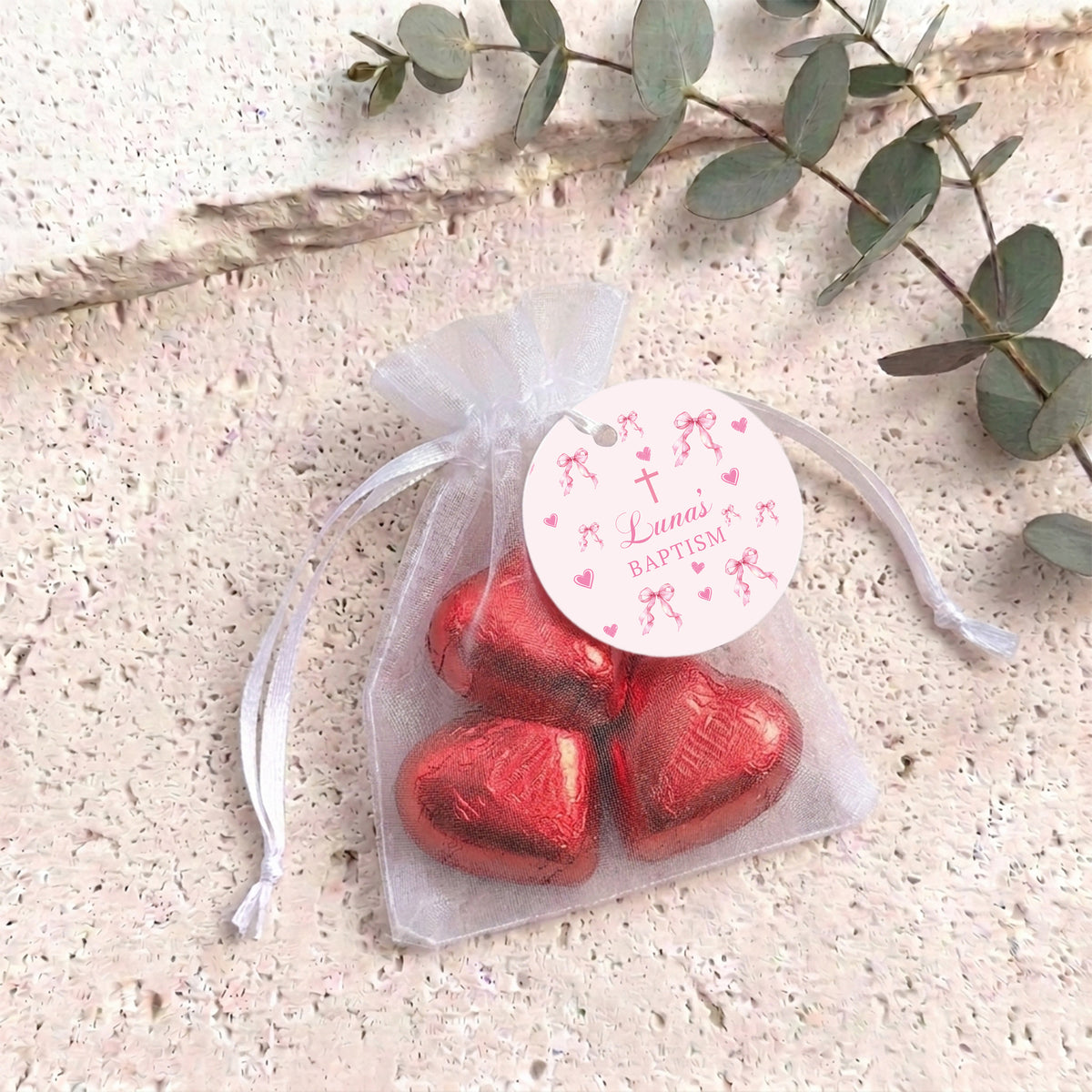 Pink Ribbons Bow Baptism Personalised Organza Bags with Chocolate Hearts