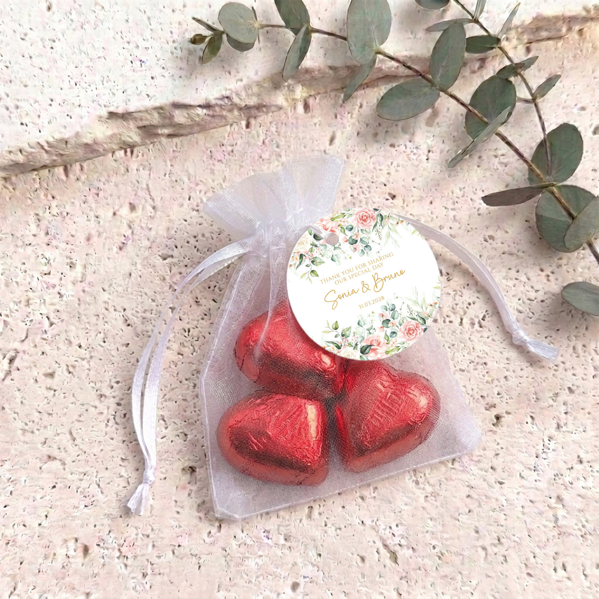 Pink Rose Waterfall Wedding Personalised Organza Bags with Chocolate Hearts