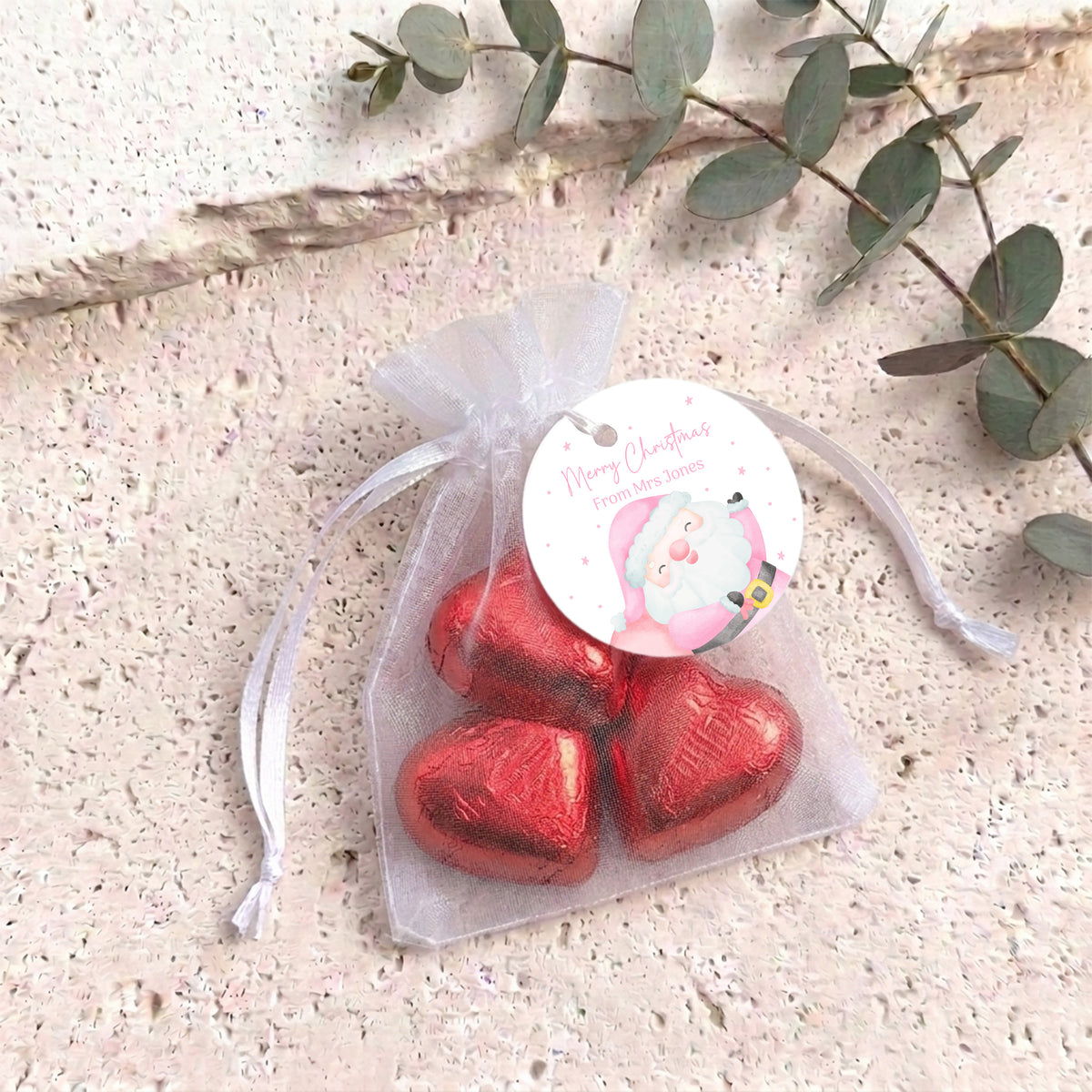 Pink Santa Personalised Organza Bags with Chocolate Hearts