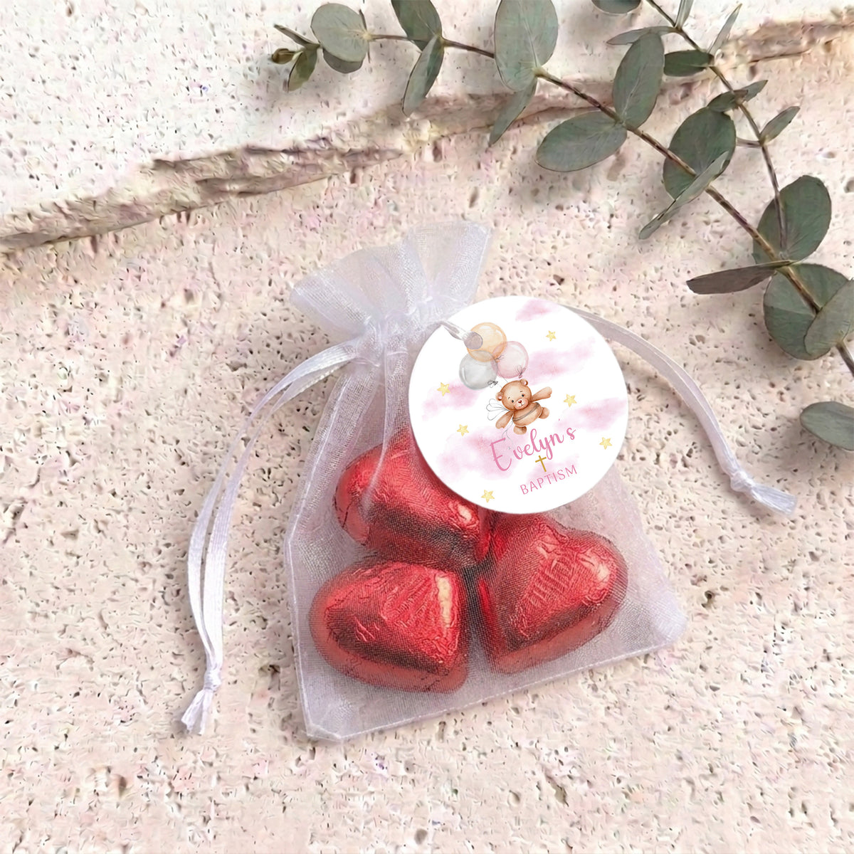 Pink Teddy Balloons Baptism Personalised Organza Bags with Chocolate Hearts