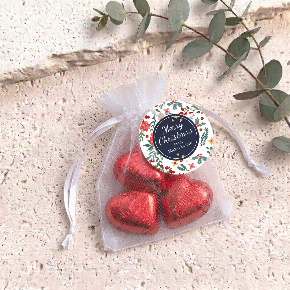 Christmas Florals Personalised Organza Bags with Chocolate Hearts
