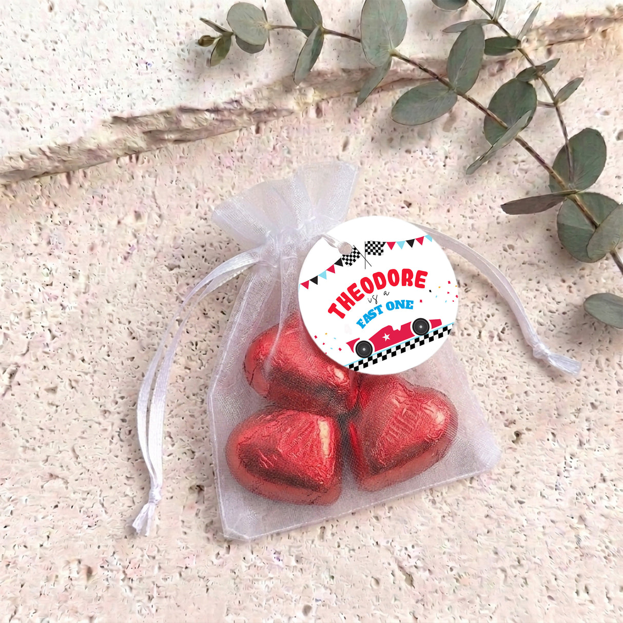 Race Car Fast One Personalised Organza Bags with Chocolate Hearts