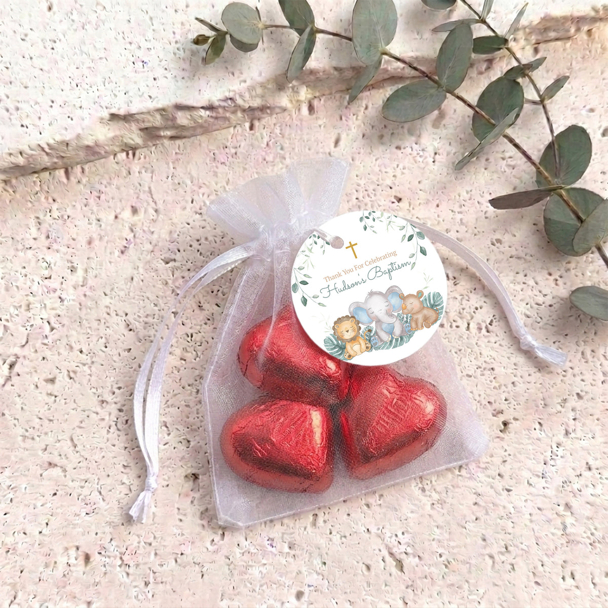 Sleepy Safari Animals Baptism Personalised Organza Bags with Chocolate Hearts