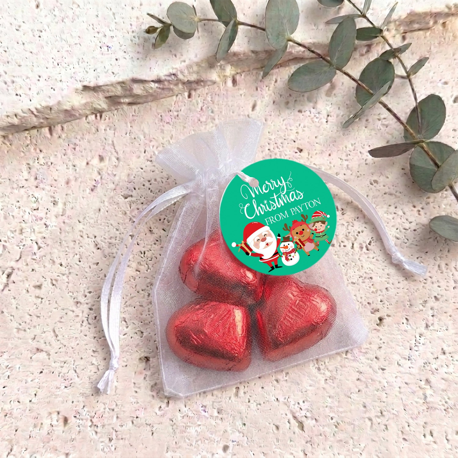 Merry Christmas Green Personalised Organza Bags with Chocolate Hearts