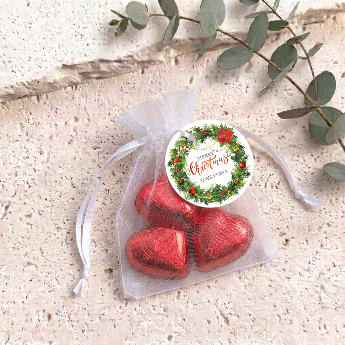 Christmas Wreath Personalised Organza Bags with Chocolate Hearts