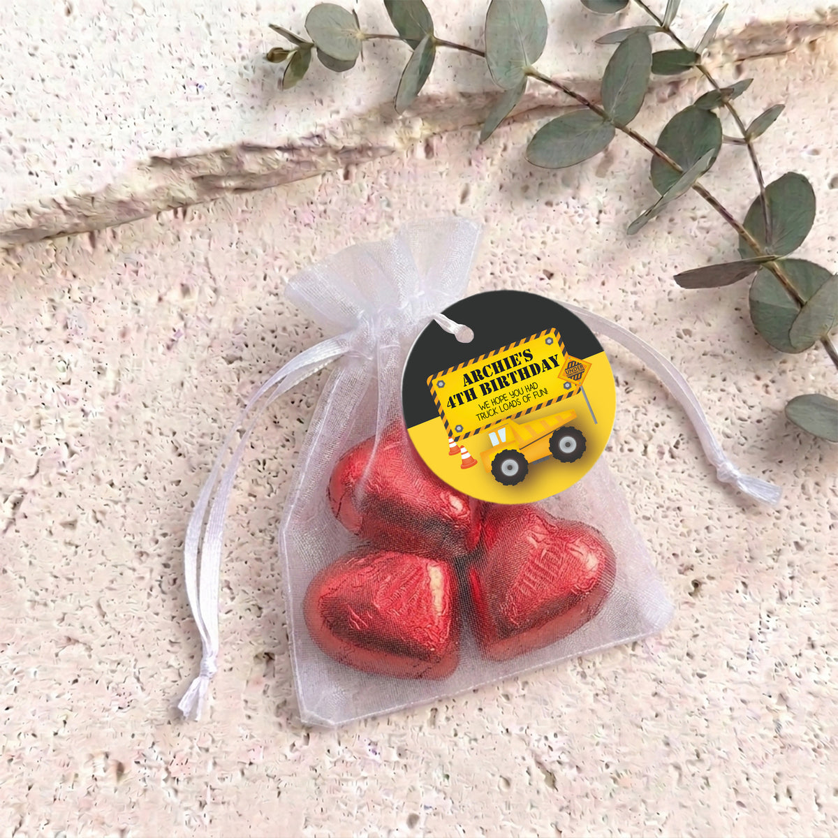Trucks Diggers Birthday Personalised Organza Bags with Chocolate Hearts