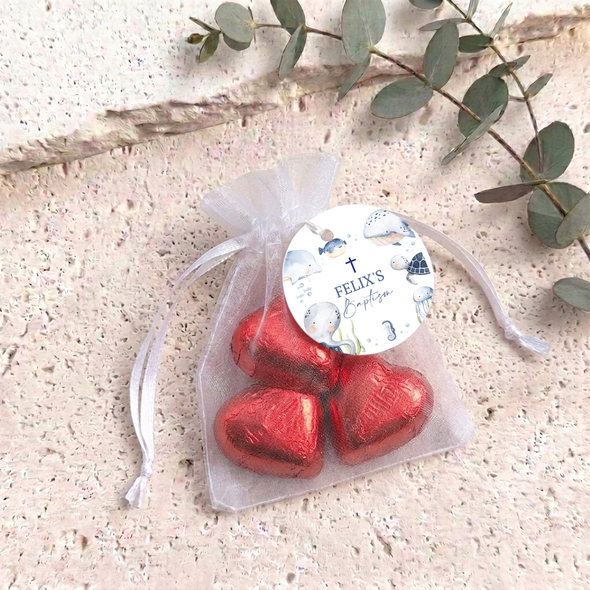 Under The Sea Baptism Personalised Organza Bags with Chocolate Hearts