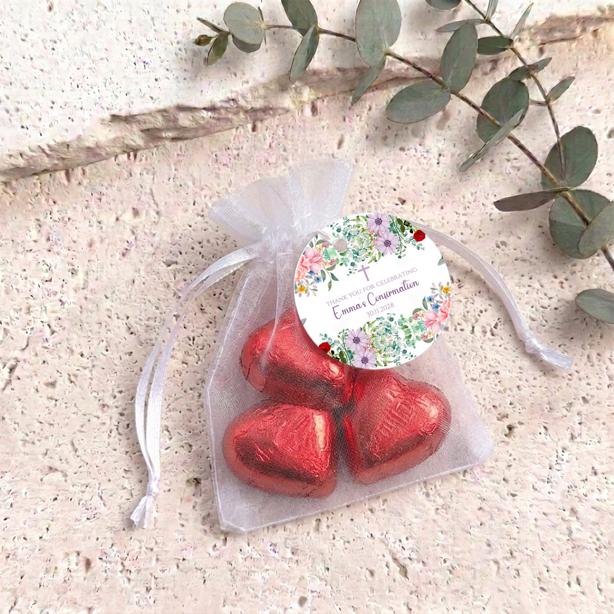 Wildflower Confirmation Personalised Organza Bags with Chocolate Hearts
