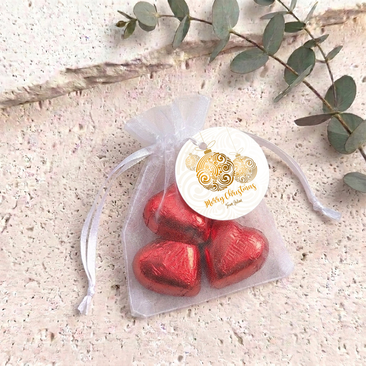 Christmas Gold Balls Personalised Organza Bags with Chocolate Hearts