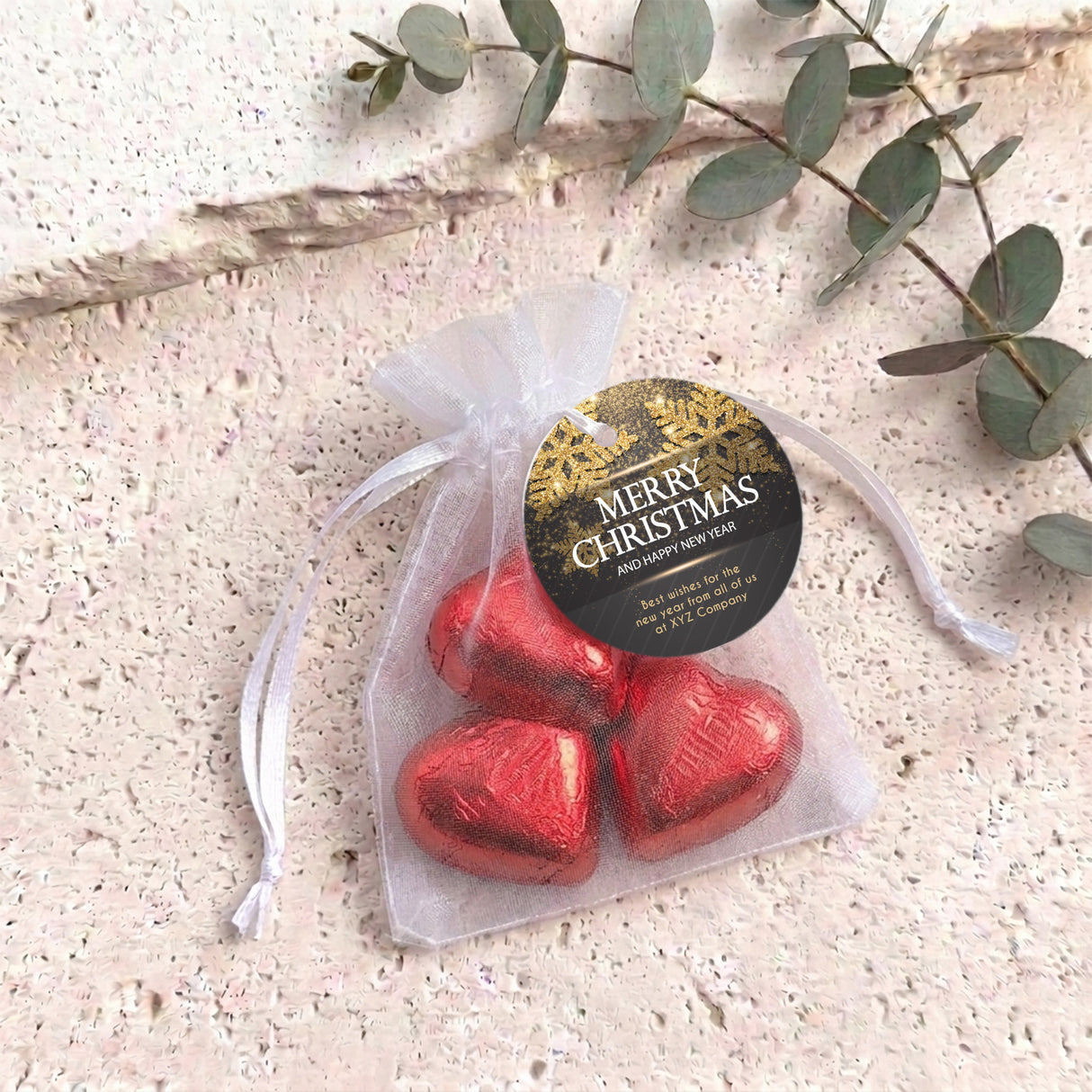 Christmas Gold Black Personalised Organza Bags with Chocolate Hearts