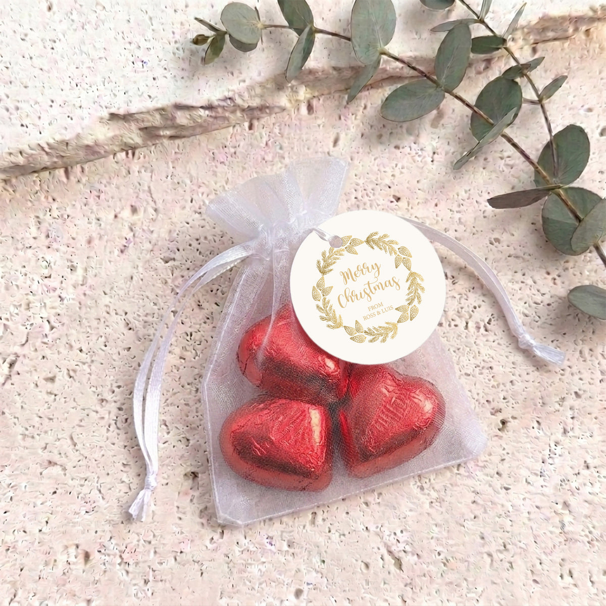 Christmas Gold Pine Personalised Organza Bags with Chocolate Hearts