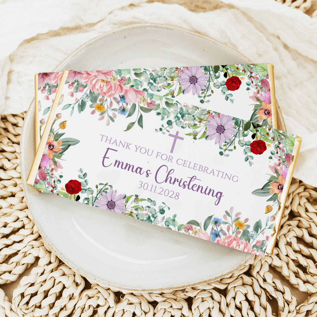 Wildflower christening chocolate bar wrapper, thank-you Emma, 30.11.2028 with floral cross