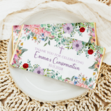 Floral confirmation chocolate bar wrapper with Thank you text, name, and date