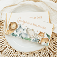 Milk chocolate bar with watercolor wild animals and “One” birthday message