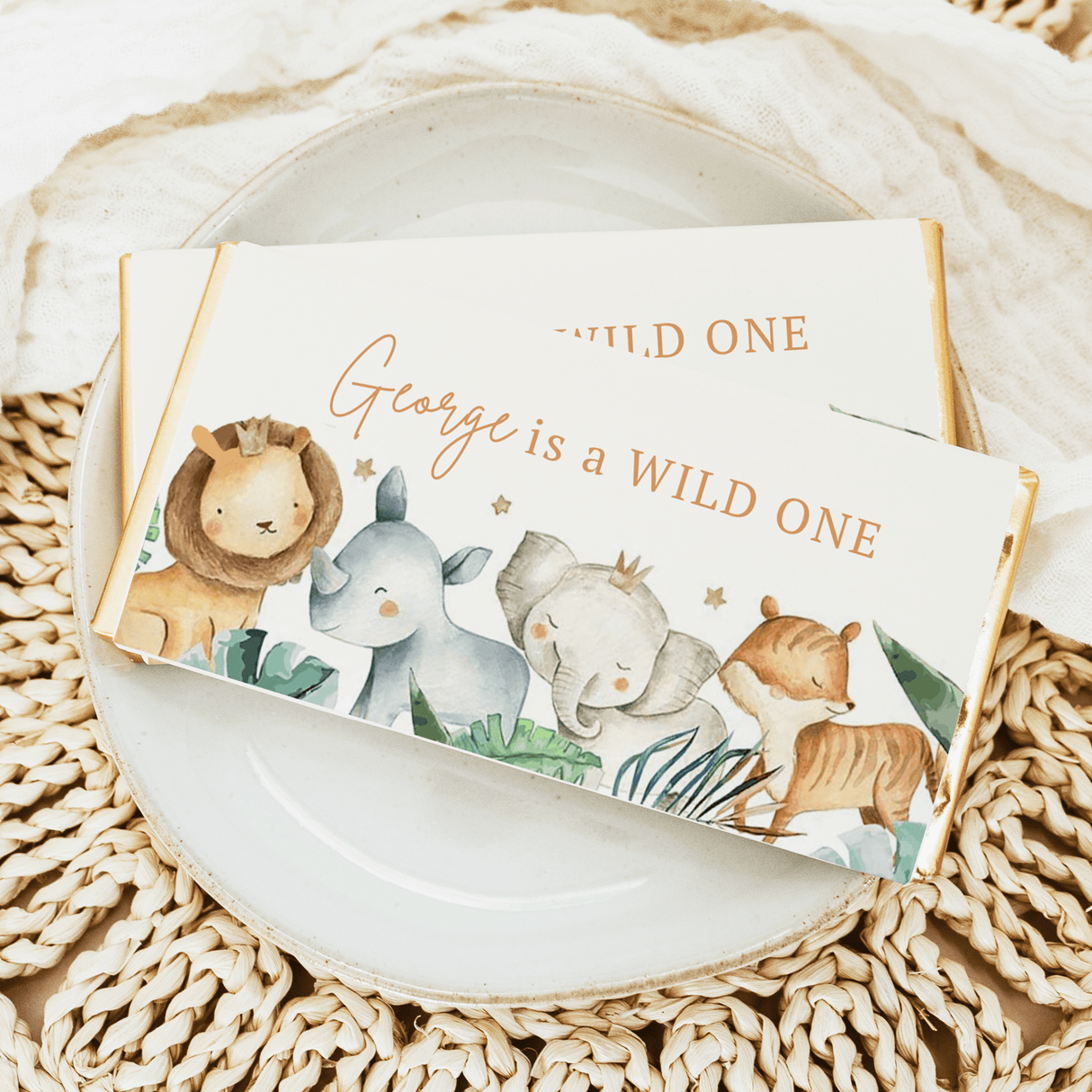 Milk chocolate bar with watercolor wild animals and “One” birthday message