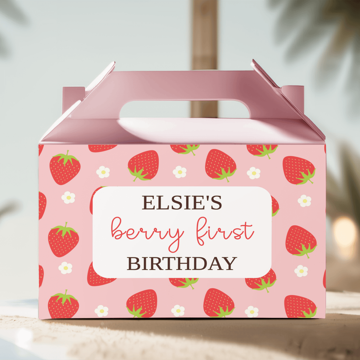 Personalised gable favour box, pink lid, strawberry print; Elsie's Berry First Birthday panel