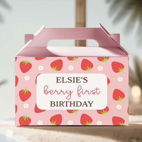 Personalised gable favour box, pink lid, strawberry print; Elsie's Berry First Birthday panel