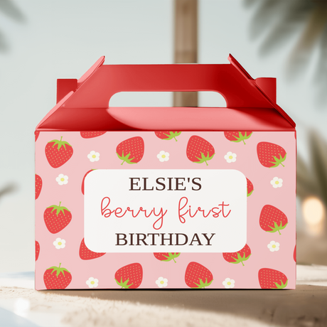 Personalised gable favour box, red lid, strawberry print; Elsie's Berry First Birthday panel