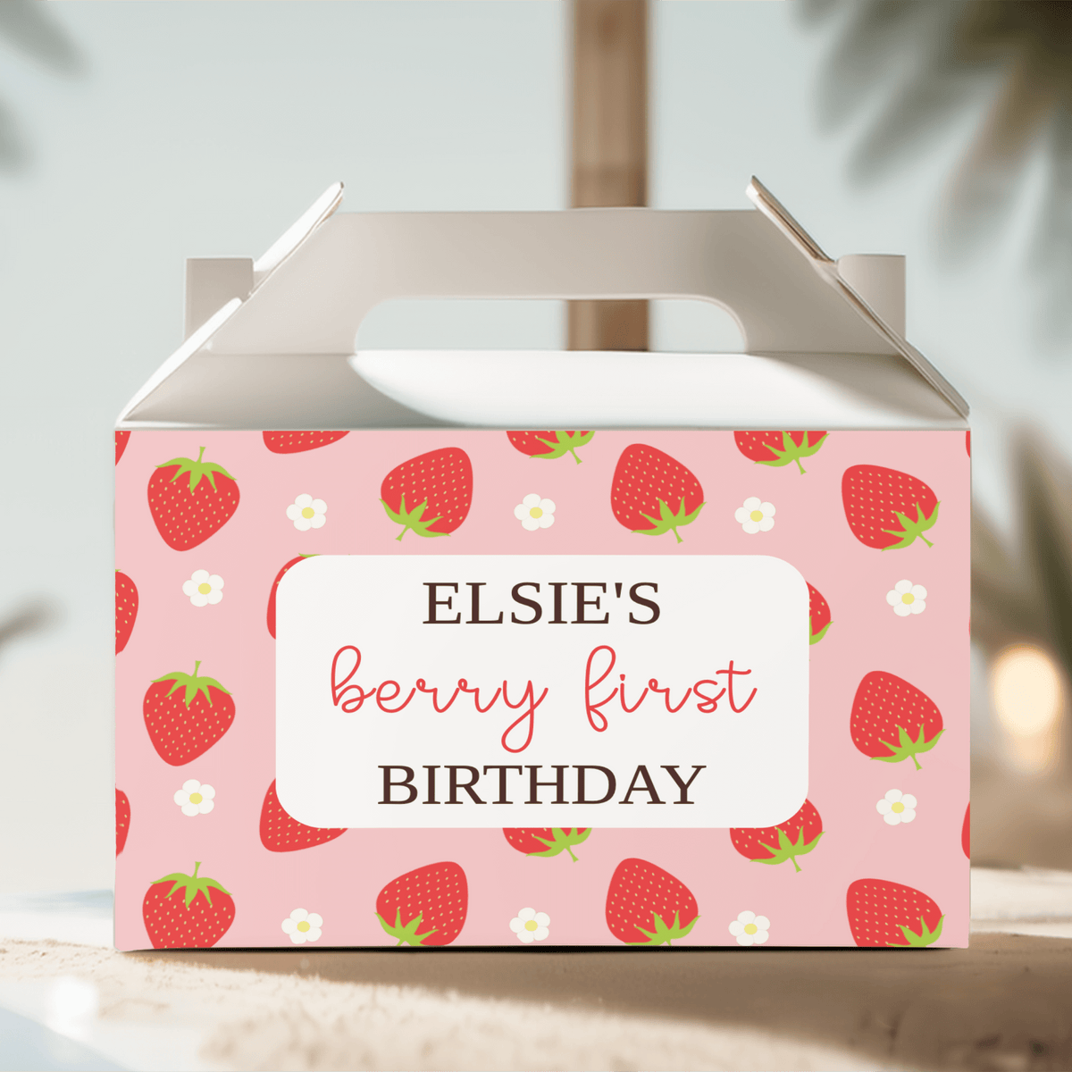 Personalised gable favour box, white lid, strawberry print; Elsie's Berry First Birthday panel